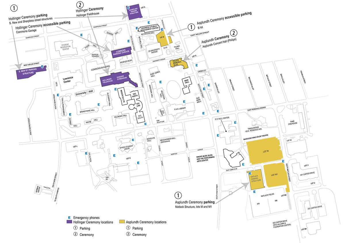 O Lot, P lot, Q Lot, Graduate Parking by South Campus Gardens, Farrell Stadium, Site for Commencement