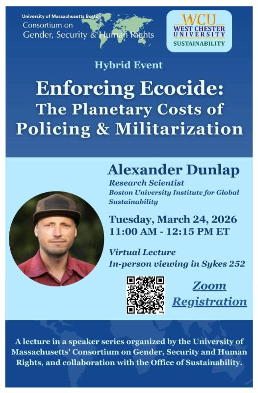 Flyer for UMass Boston Talk "Enforcing Ecocide." Click for PDF.