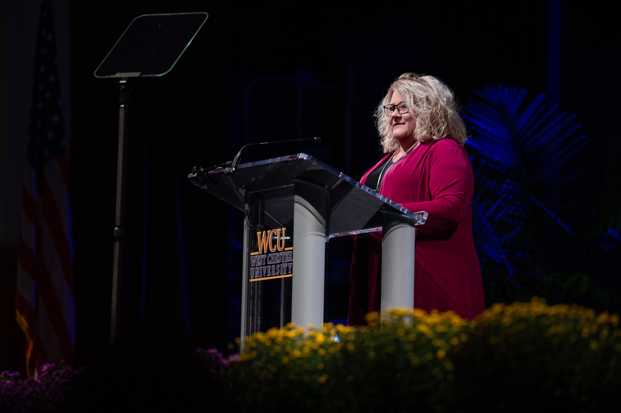 President Bernotsky Gives Welcome Back Address on Stage