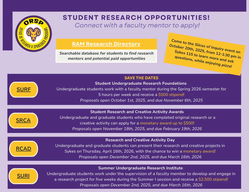STUDENT RESEARCH OPPORTUNITIES! Connect with a faculty mentor to apply! RAM Research Directory. Searchable database for students to find research Come to the Slices of Inquiry event on mentors and potential paid opportunities October 20th, 2025, from 12-1:30 pm in Sykes 115 to learn more and ask questions, while enjoying pizza!