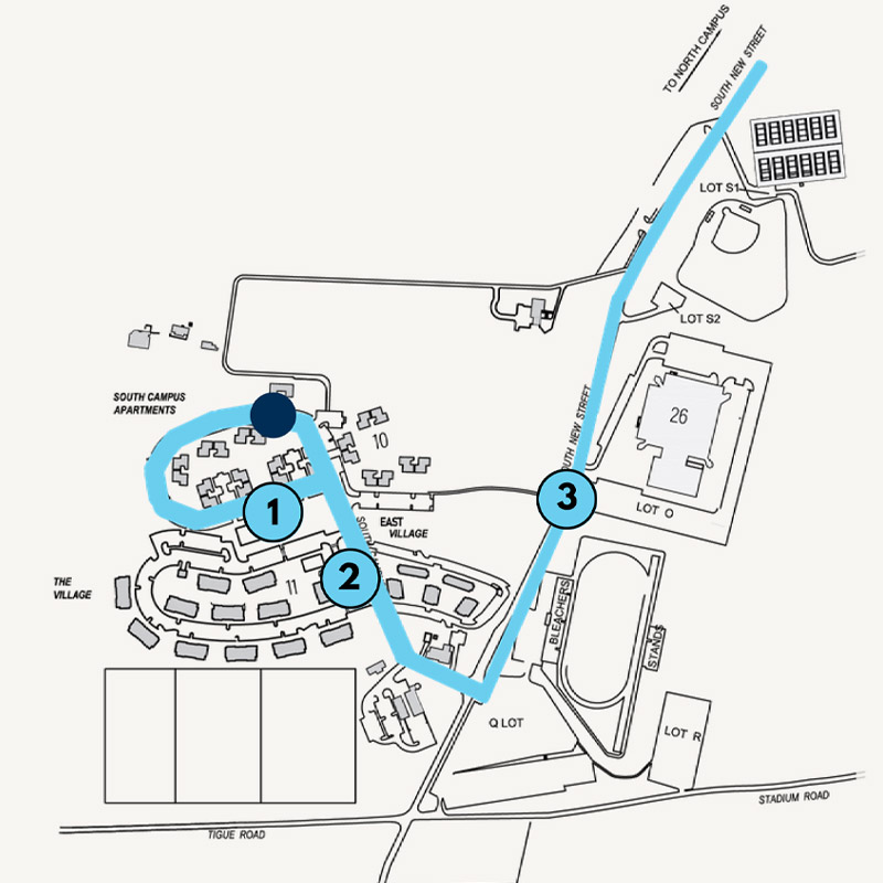 map of the South Campus stops on the Winter Route