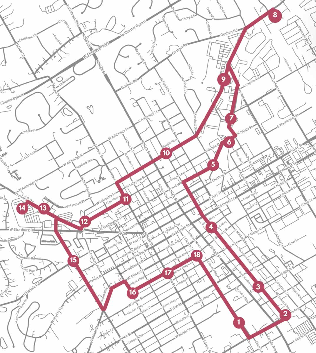 map of the Off Campus stops on the Uptown Route Loop