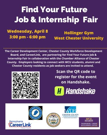 Find your Future Job & Internship Fair Wednesday April 8 3:00pm - 6:00pm Hollinger Gym West Chester University
