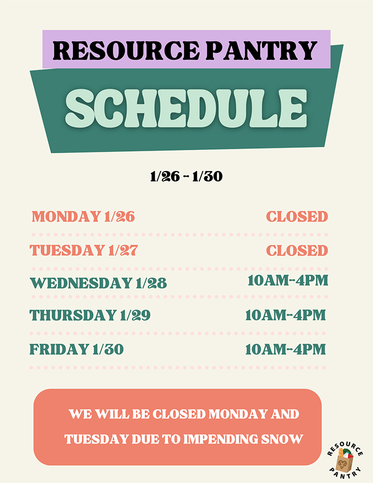 Resource Pantry hours - 1/26 to 1/30