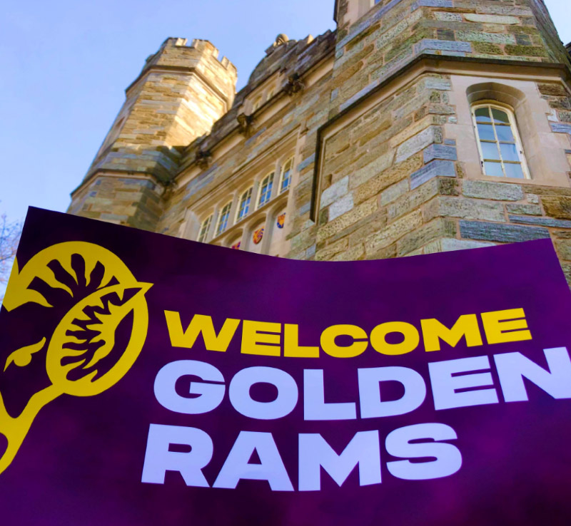 purple flag with welcome golden rams