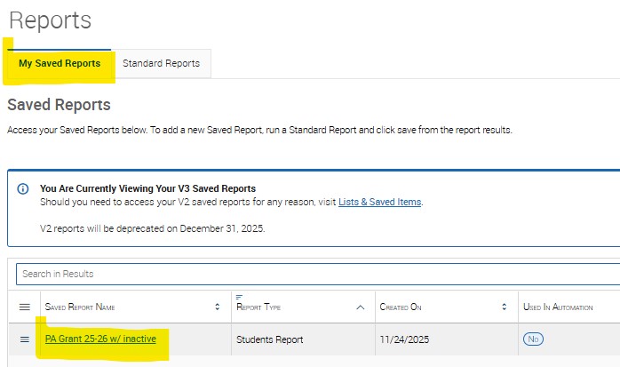 Screenshot showing 'My saved reports'
