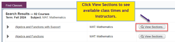 Find Classes screenshot with yellow box highlighting: Click View Sections to see available class times and instructors.