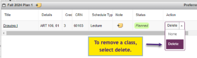 Screenshot of course listing for Drawing I with Action dropdown showing. Yellow highlighted box: To remove a class, select delete.