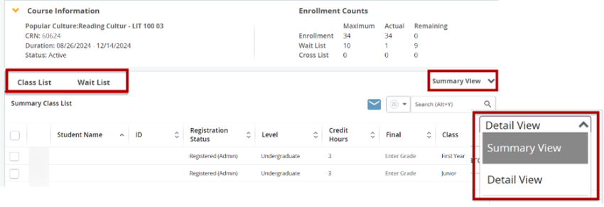Screenshot of course information with Class List, Wait List, and Summary View. Summary View is selected.