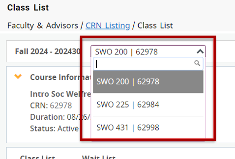 Screenshot of Class List with dropdown highlighted showing course abbreviation name and numbers listed