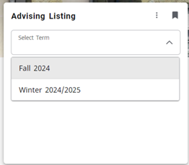 Screenshot showing Advising Listing term dropdown for Fall 2024 and Winter 2024/2025