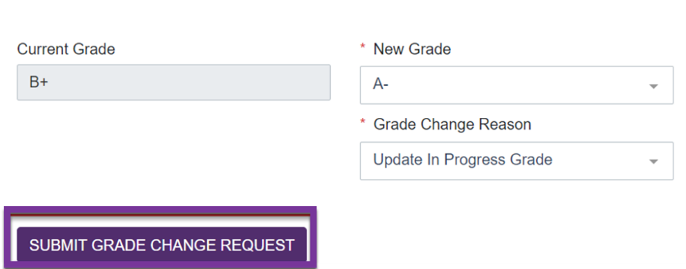 Image of New Grade, Grade Change Reason, and the Submit Grade Change Request button.&nbsp;Screenshot