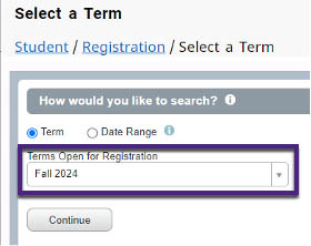 Fig 2: Select a Term showing Terms Open for Registration drop-down