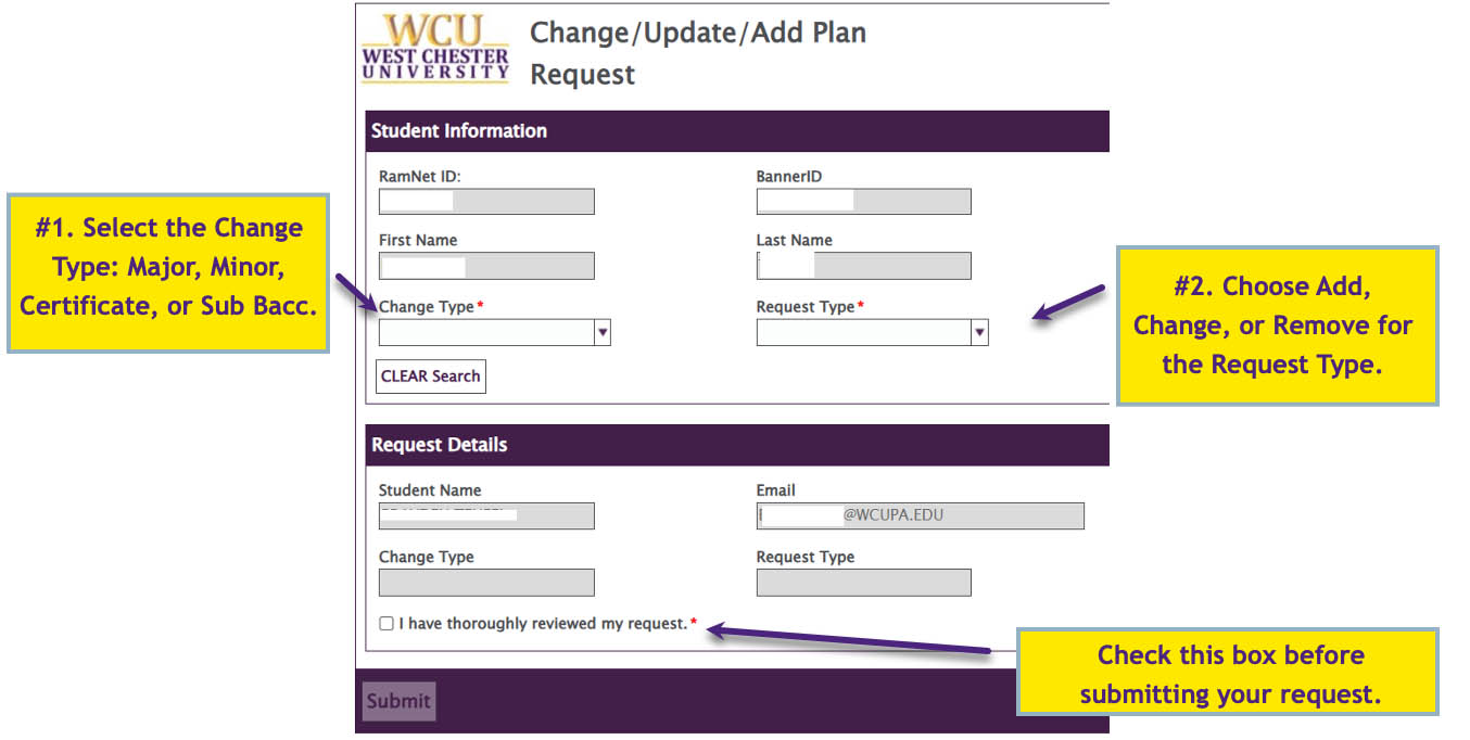 Example of Change/Update/Add Plan Form