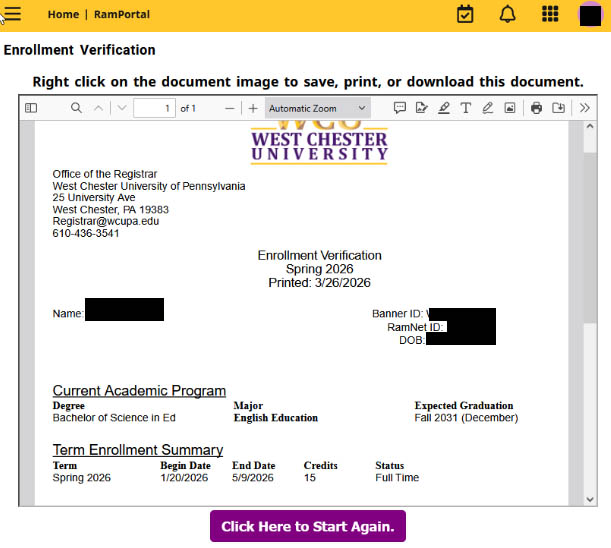 Enrollment verification letter