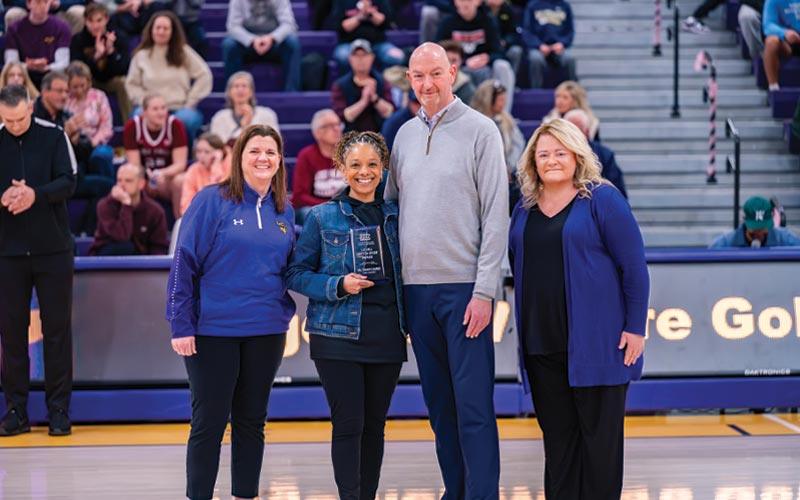 (L-R) Kellianne Milliner, associate athletics director and senior woman administrator; Dr. Tammy James, PSAC honoree, Terry Beattie, director of athletics; and Dr. Laurie Bernotsky, WCU president.
