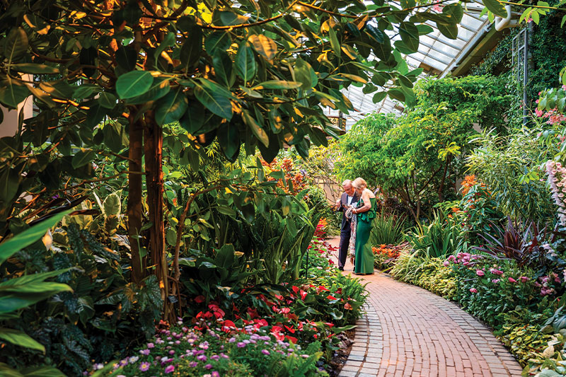 Gala image of a couple standing in a room full of greenery and flowers