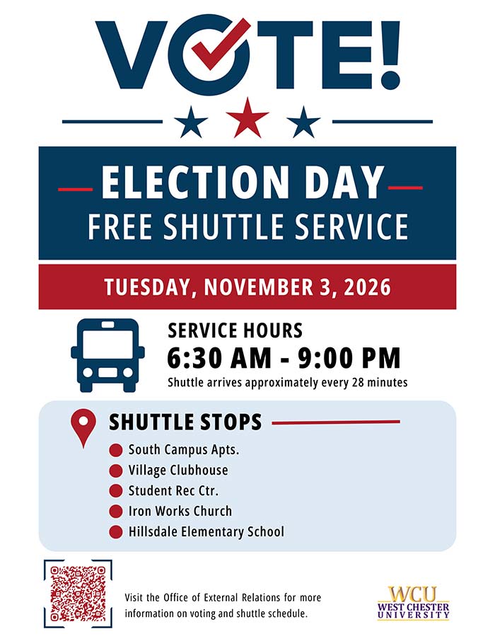 Free WCU Election Day shuttle service on Tuesday, November 3, 2026, from 6:30 a.m. to 9 p.m., arriving approximately every 28 minutes. Stops include South Campus Apartments, Village Clubhouse, Student Recreation Center, Iron Works Church, and Hillsdale Elementary School. Scan the QR code for voting information and the shuttle schedule from the Office of External Relations.