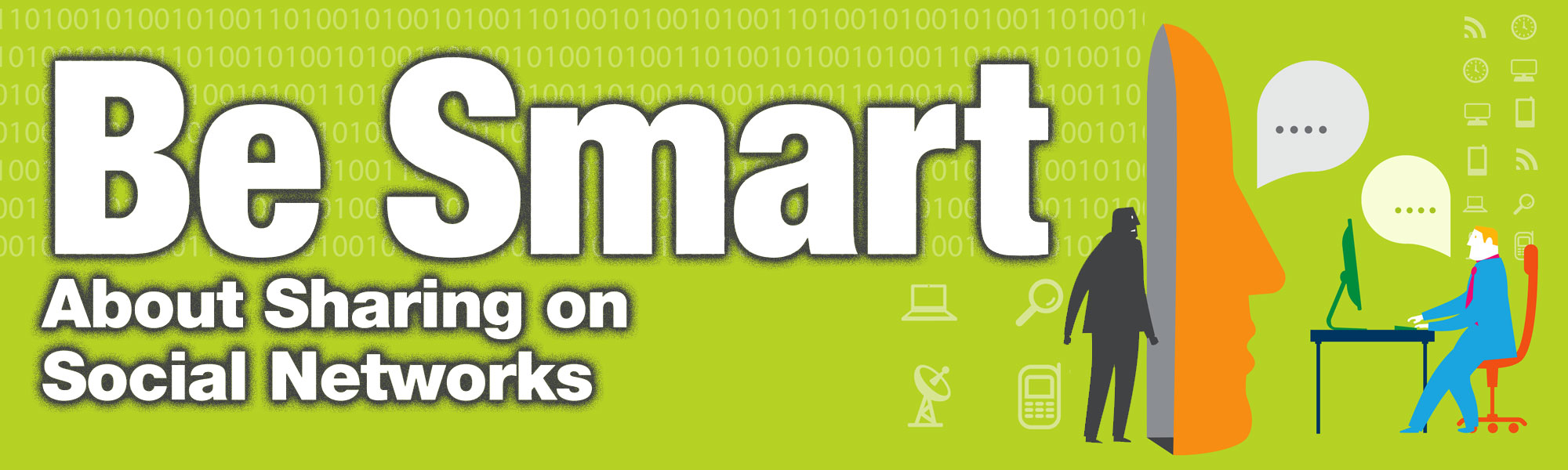 Cybersecurity awareness banner encouraging safe and thoughtful sharing on social networks.