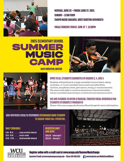 Monday, June 23 - Friday, June 27, 2025. 9:00am - 12:00 noon, Swope Music Building, West Chester University. Finale Concert: Friday, June 27 | 12:30PM. 2025 Elementary School Summer Music Camp - Ralph Sorrentino, Director. Open to all students currently in grades 3, 4, and 5. Students will perform in a large ensemble (concert band, string orchestra, or vocal ensemble) and a small ensemble (flute, clarinet, saxophone, brass, percussion, string, or vocal ensemble). We reserve the right to combine elementary school and middle school ensembles depending on enrollment and instrumentation. We are pleased to offer a musical theater vocal ensemble for students in grades 3 through 8! Please visit www.wcupa.edu/SummerMusicCamps for more information. Our inspiring faculty members encourage each student to reach their full potential. DAILY SCHEDULE: 9:00 - 10:10: Large ensemble rehearsal, 10:15 - 10:45: Faculty recital, 10:50 - 12:00: Small ensemble rehearsal. REGISTER EARLY AND SAVE! $205.00 before April 1, $220.00 after April 1. Register online with a credit card at www.wcupa.edu/SummerMusicCamps. Questions? Email: summermusiccamps@wcupa.edu. Phone: 610-436-2921. www.facebook.com/WellsSchoolOfMusic