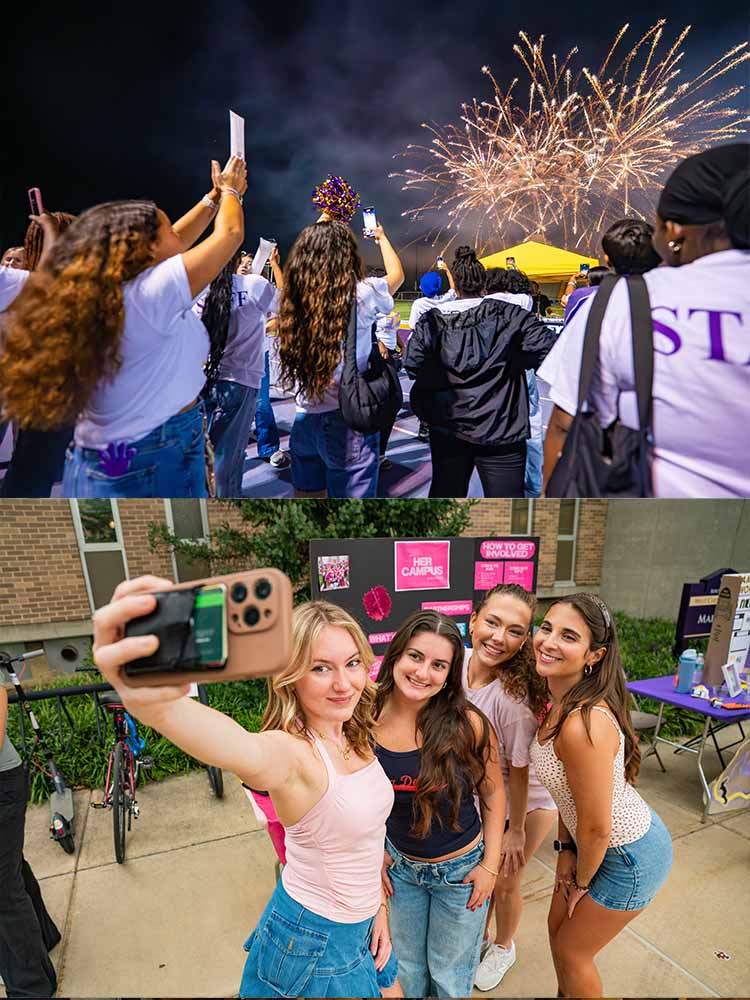 top photo - students watching fireworks at night, bottom photo - wcu cheerleaders running with flags that spell 'rams'