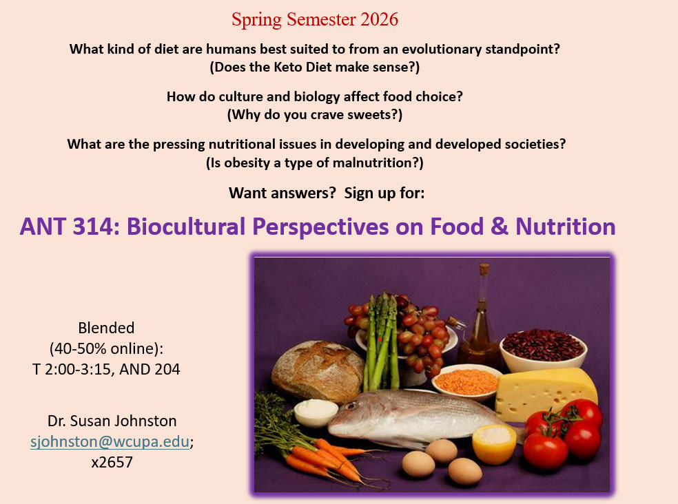  Spring Semester 2026 This Photo by Unknown Author is licensed under CC BY What kind of diet are humans best suited to from an evolutionary standpoint? (Does the Keto Diet make sense?) How do culture and biology affect food choice? (Why do you crave sweets?) What are the pressing nutritional issues in developing and developed societies? (Is obesity a type of malnutrition?) Want answers? Sign up for: ANT 314 Biocultural Perspectives on Food & Nutrition Blended (40-50% online): T 2-3:15, Anderson 204 Dr. Susan Johnston sjohnston@wcupa.edu; x2657