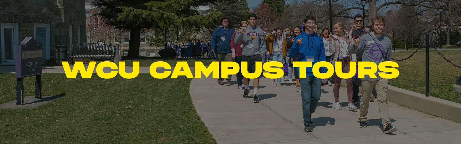 group of students and parents walking with guide at wcu with overlay text saying 'WCU Campus Tours'