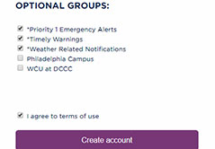 Optional groups including priority 1 emergency alerts, timely warnings, weather related notifications (all checked); Philadelphia location (unchecked) and WCU at DCCC (unchecked). Checkbox for agreement with terms and a button to create an account.